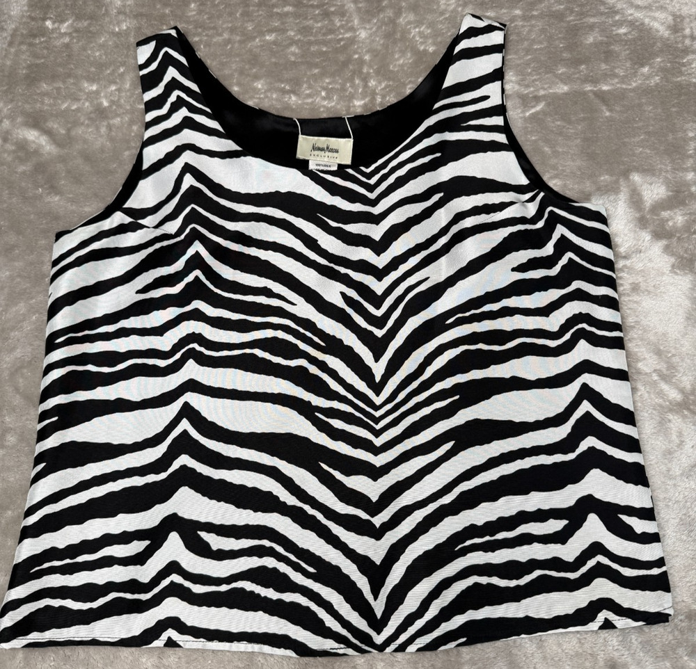 Neiman Marcus Zebra Print White Black 100% Silk Reversible Tank Top Womens M